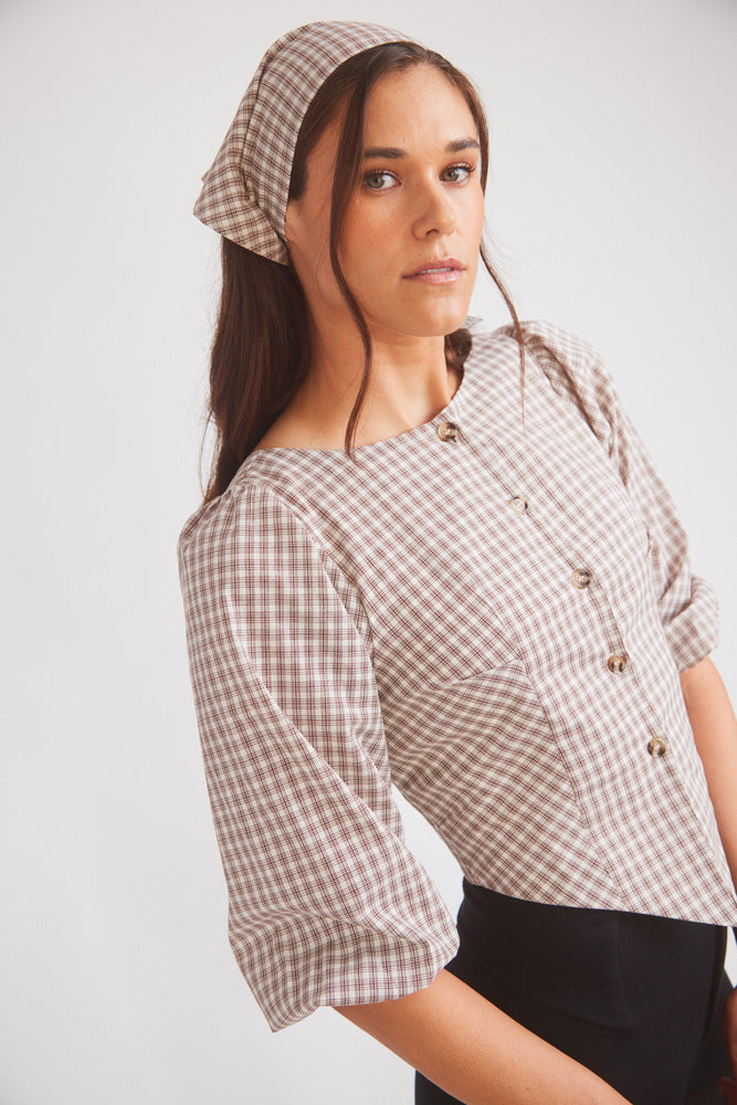 Leona | Checkered Puff-Sleeve Blouse | Coco Plaid