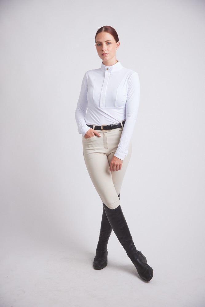 Katie | Long Sleeve Zip-Up Riding Top | Bright White Chrome