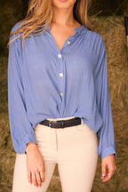 Lee | Mandarin Collar Button Blouse | French Blue