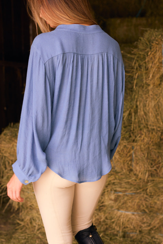 Lee | Mandarin Collar Button Blouse | French Blue