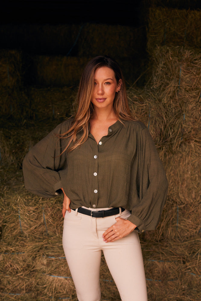 Lee | Mandarin Collar Button Blouse | Moss Green