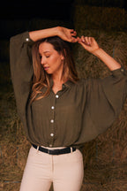 Lee | Mandarin Collar Button Blouse | Moss Green