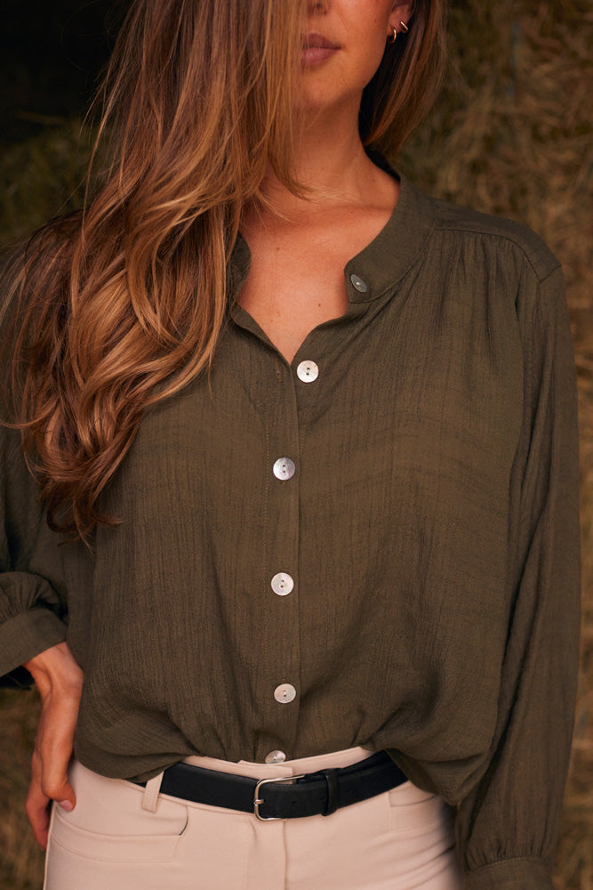 Lee | Mandarin Collar Button Blouse | Moss Green