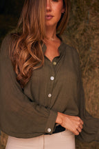 Lee | Mandarin Collar Button Blouse | Moss Green