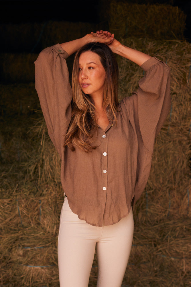 Lee | Mandarin Collar Button Blouse | Toasted Almond