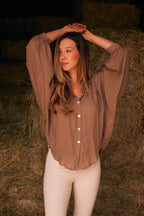 Lee | Mandarin Collar Button Blouse | Toasted Almond