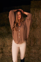 Lee | Mandarin Collar Button Blouse | Toasted Almond
