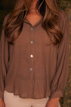 Lee | Mandarin Collar Button Blouse | Toasted Almond