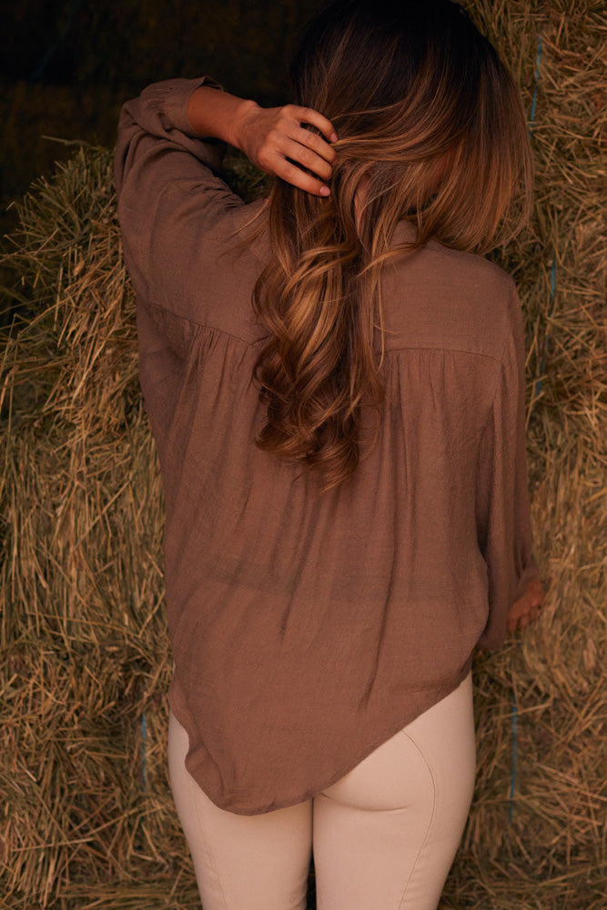 Lee | Mandarin Collar Button Blouse | Toasted Almond