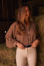 Lee | Mandarin Collar Button Blouse | Toasted Almond