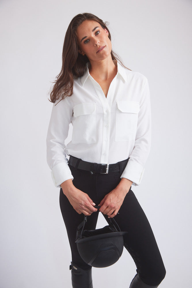 Jessica | Seersucker Equestrian Button-Down Shirt | Ivory