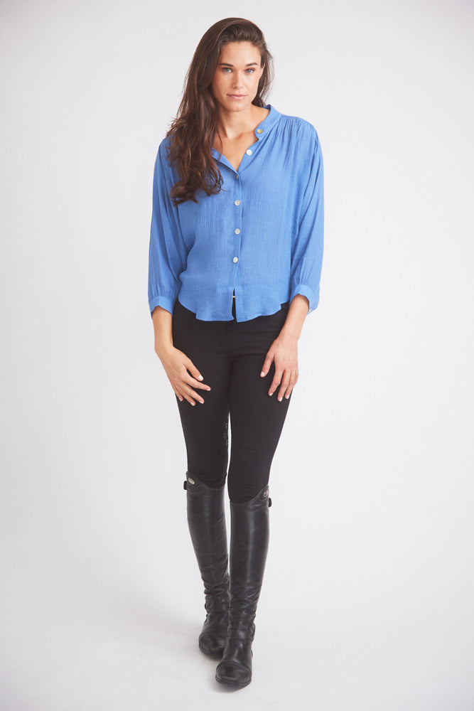 Lee | Mandarin Collar Button Blouse | French Blue