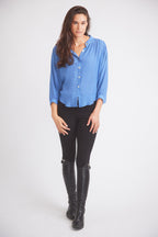 Lee | Mandarin Collar Button Blouse | French Blue