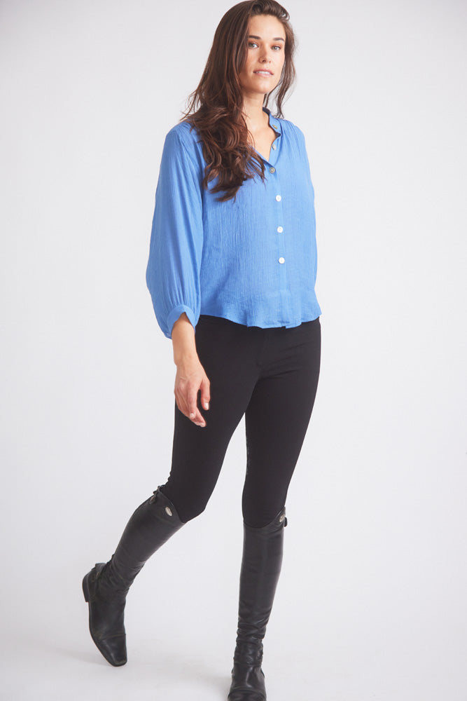 Lee | Mandarin Collar Button Blouse | French Blue