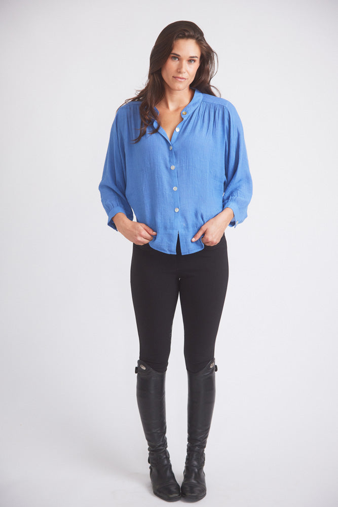 Lee | Mandarin Collar Button Blouse | French Blue