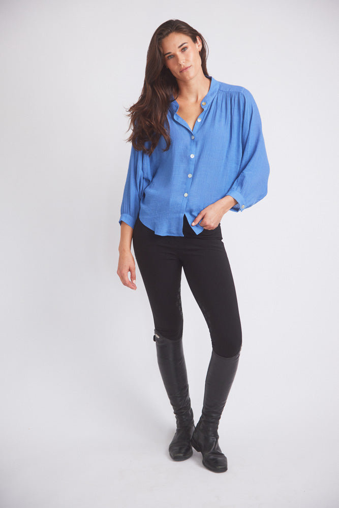 Lee | Mandarin Collar Button Blouse | French Blue