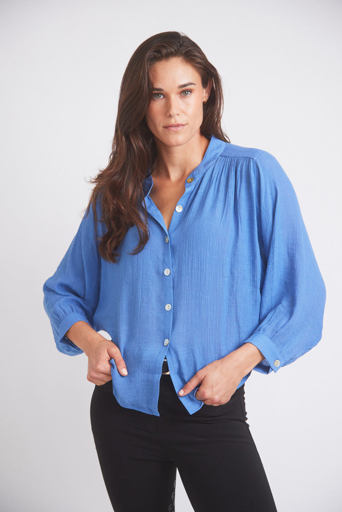 Lee | Mandarin Collar Button Blouse | French Blue