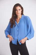 Lee | Mandarin Collar Button Blouse | French Blue
