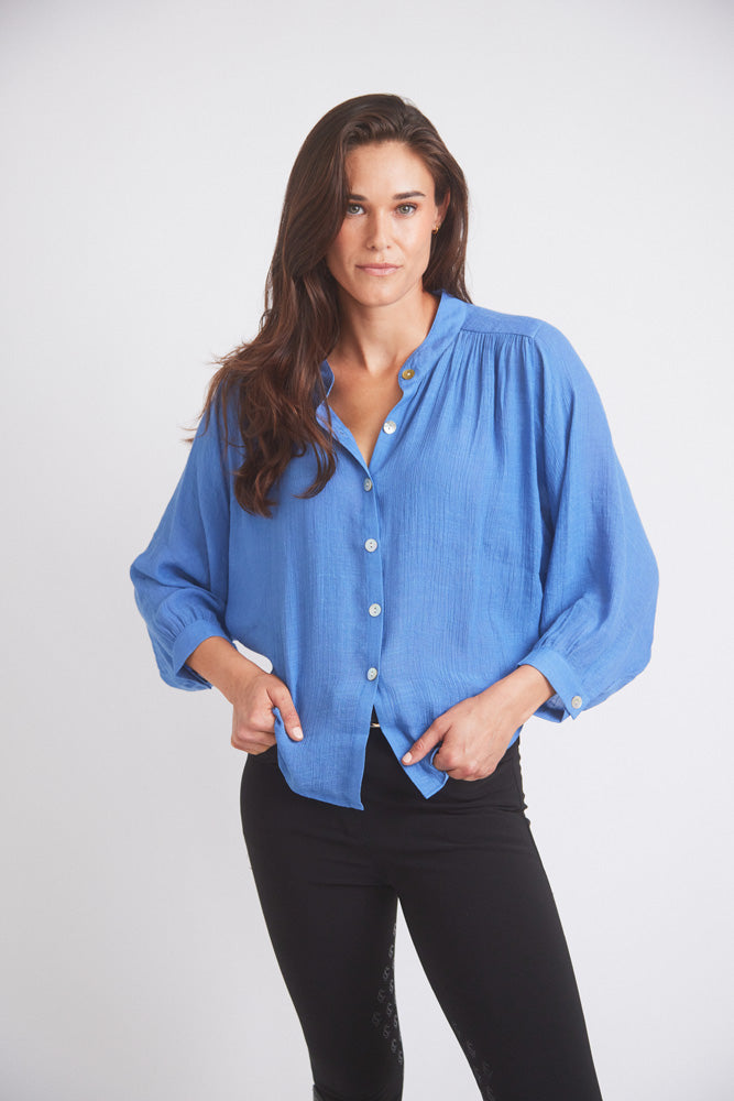 Lee | Mandarin Collar Button Blouse | French Blue