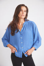 Lee | Mandarin Collar Button Blouse | French Blue
