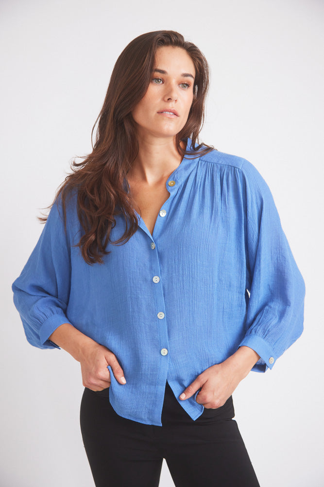 Lee | Mandarin Collar Button Blouse | French Blue