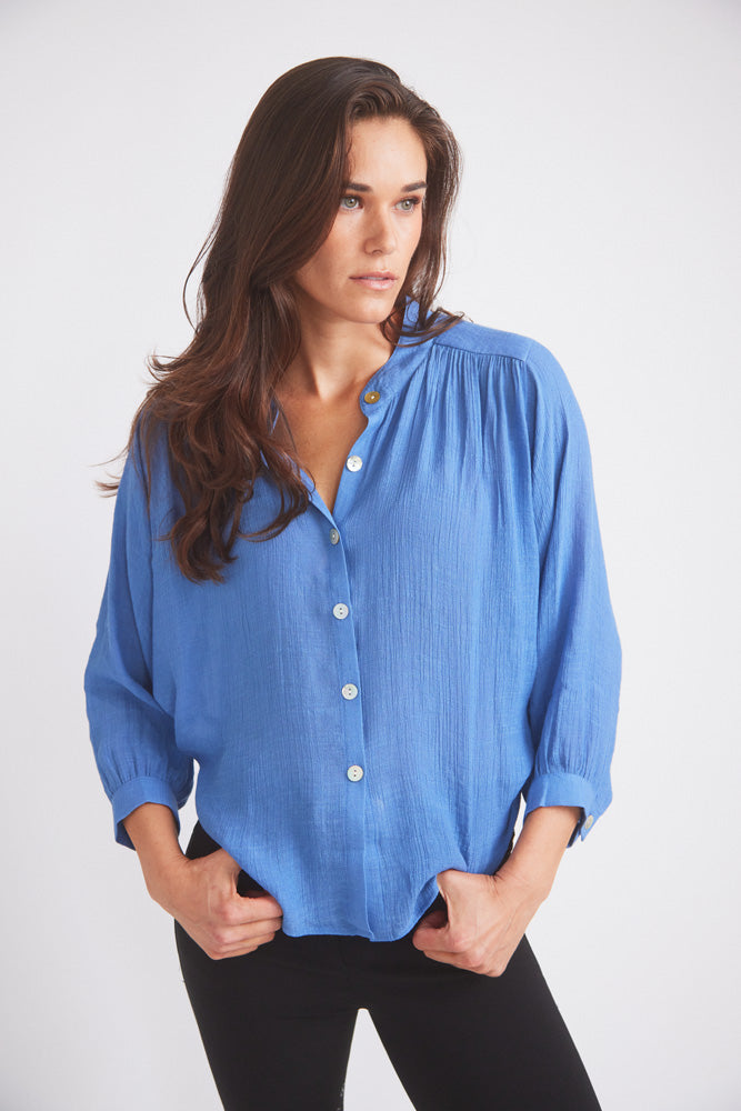 Lee | Mandarin Collar Button Blouse | French Blue