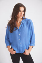 Lee | Mandarin Collar Button Blouse | French Blue