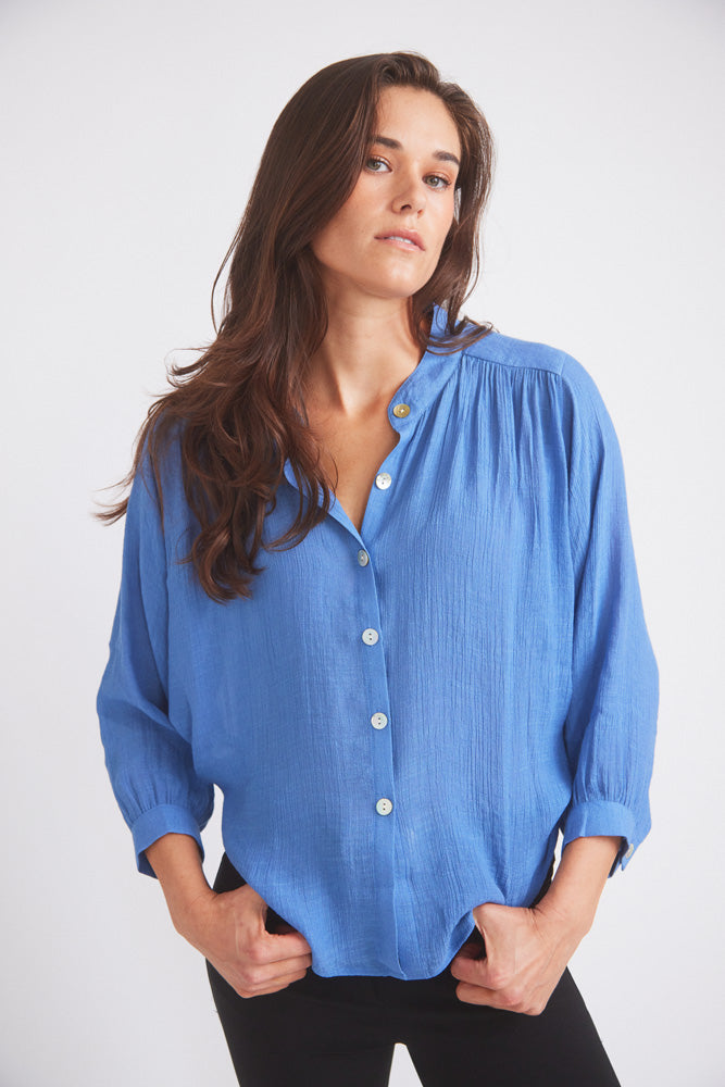 Lee | Mandarin Collar Button Blouse | French Blue