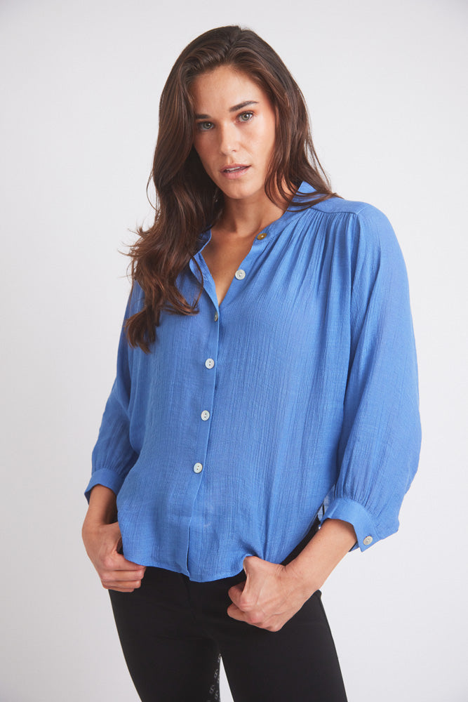 Lee | Mandarin Collar Button Blouse | French Blue