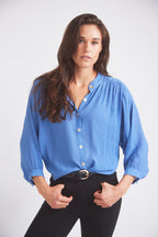 Lee | Mandarin Collar Button Blouse | French Blue