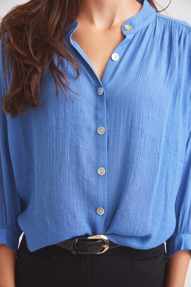 Lee | Mandarin Collar Button Blouse | French Blue