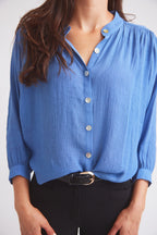 Lee | Mandarin Collar Button Blouse | French Blue