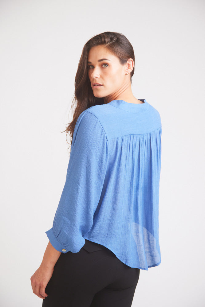 Lee | Mandarin Collar Button Blouse | French Blue