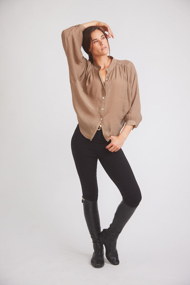 Lee | Mandarin Collar Button Blouse | Toasted Almond
