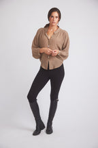 Lee | Mandarin Collar Button Blouse | Toasted Almond