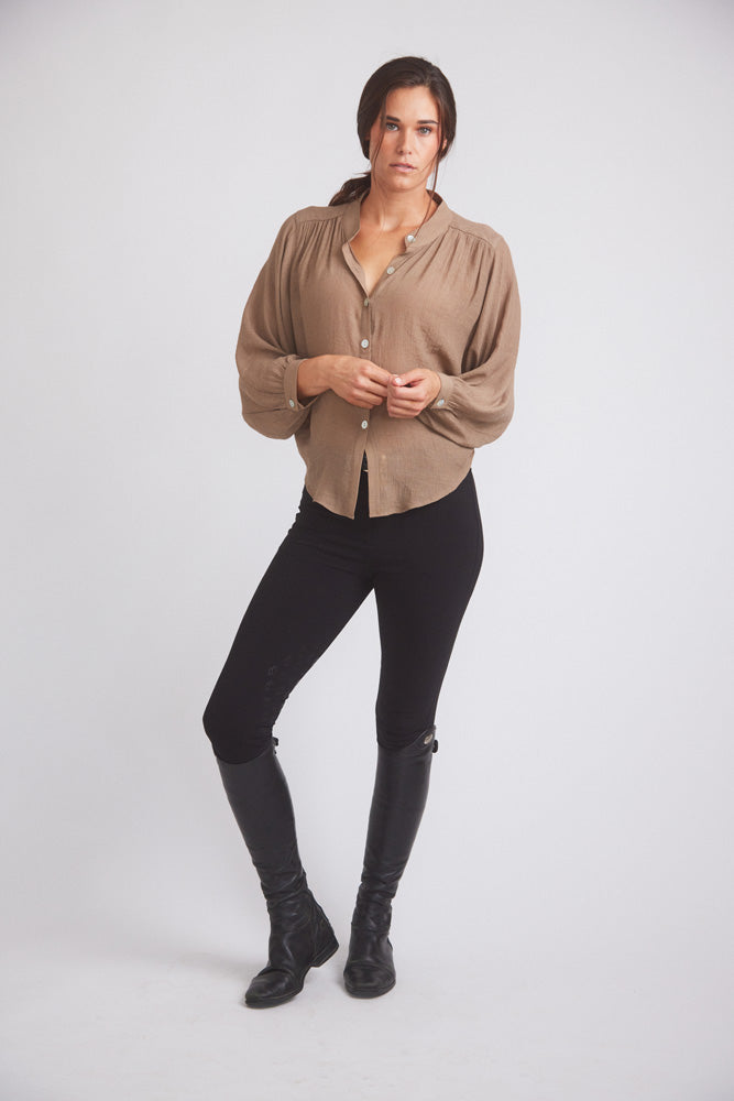 Lee | Mandarin Collar Button Blouse | Toasted Almond