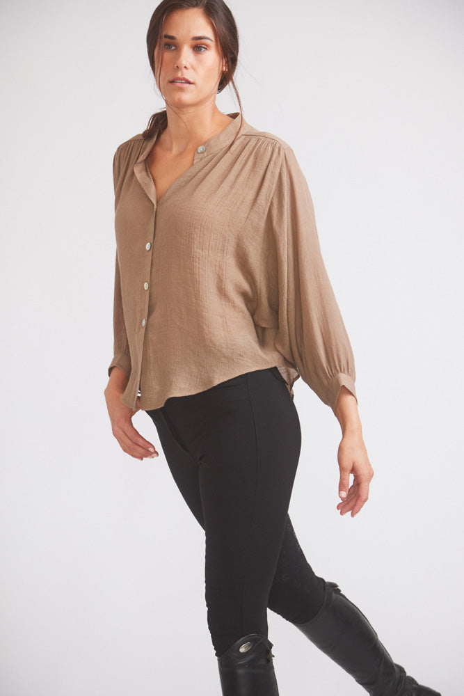 Lee | Mandarin Collar Button Blouse | Toasted Almond