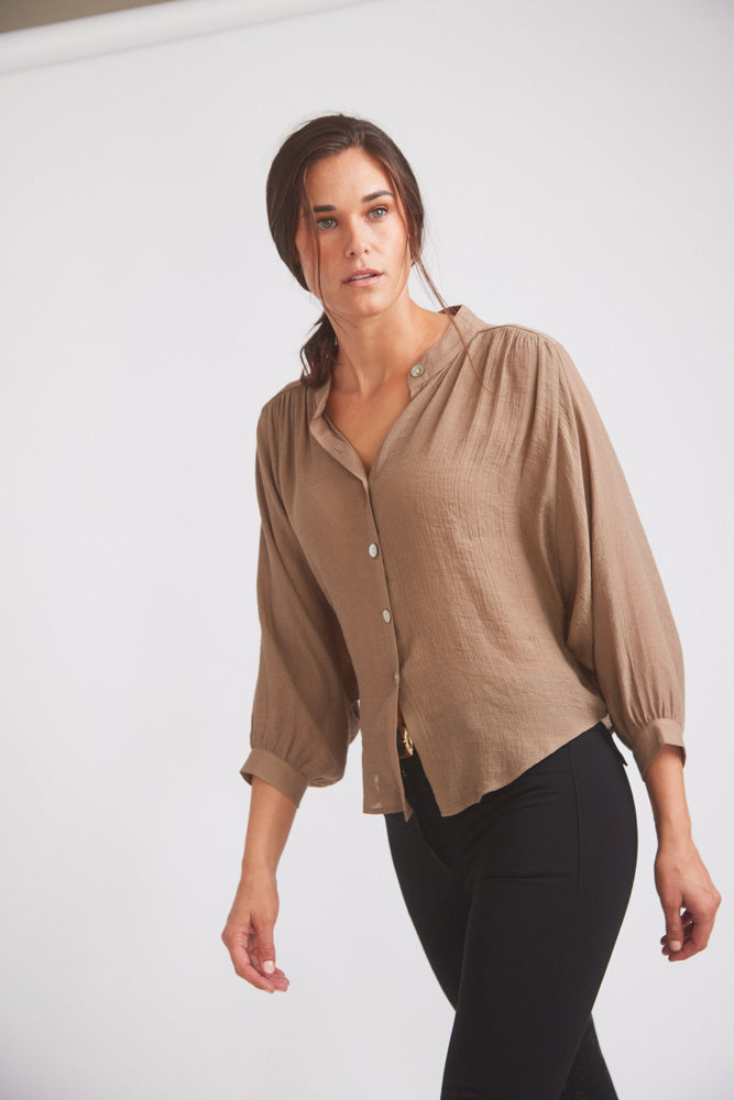 Lee | Mandarin Collar Button Blouse | Toasted Almond