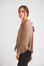 Lee | Mandarin Collar Button Blouse | Toasted Almond
