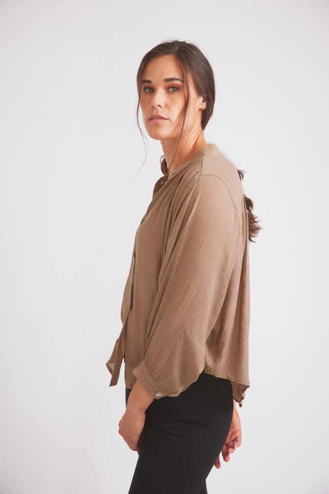 Lee | Mandarin Collar Button Blouse | Toasted Almond