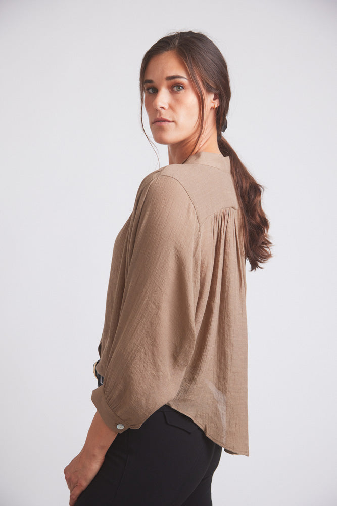 Lee | Mandarin Collar Button Blouse | Toasted Almond