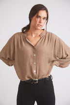 Lee | Mandarin Collar Button Blouse | Toasted Almond