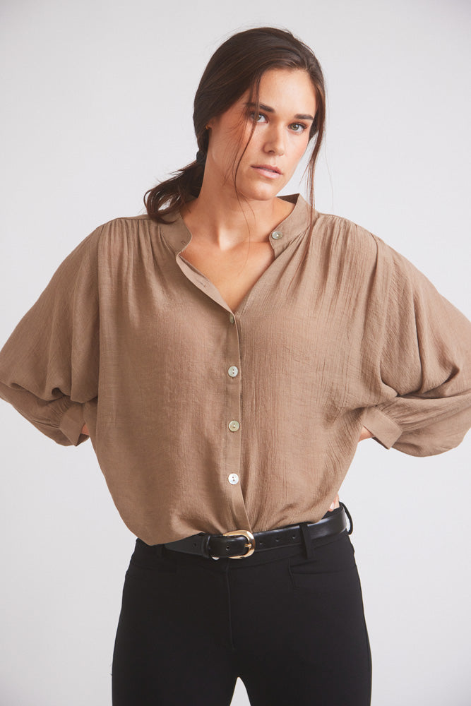 Lee | Mandarin Collar Button Blouse | Toasted Almond
