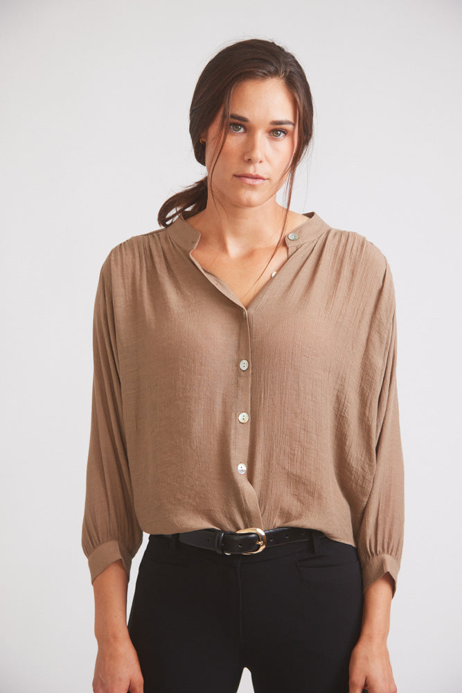 Lee | Mandarin Collar Button Blouse | Toasted Almond – Solid
