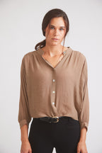 Lee | Mandarin Collar Button Blouse | Toasted Almond