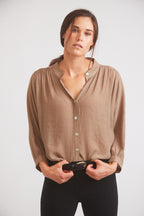 Lee | Mandarin Collar Button Blouse | Toasted Almond