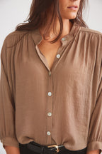 Lee | Mandarin Collar Button Blouse | Toasted Almond