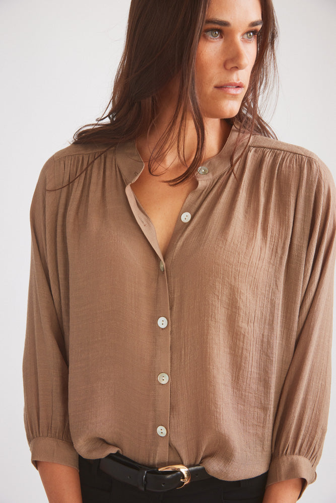 Lee | Mandarin Collar Button Blouse | Toasted Almond