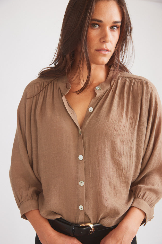 Lee | Mandarin Collar Button Blouse | Toasted Almond – Solid