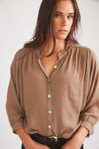 Lee | Mandarin Collar Button Blouse | Toasted Almond